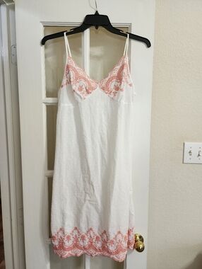 Shabby Chic White Pink Embroidered Slip Dress Cottagecore M Swiss Dot Lace